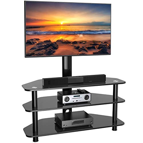 Swivel Floor TV Stand/Base for 32-65 Inch TVs-Universal Corner TV Floor Stand with Storage Perfect for Media-Height Adjustable Entertainment Stand with Tempered Glass&Cable Management, VESA 600x400mm