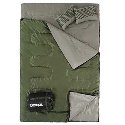 Desque Double Sleeping Bag for Camping - Backpacking Queen Size Sleeping Bag for Hiking with Detachable Design, Cold Weather 2 Person Sleeping Bag for Adults Or Teens with 2 Pillows. Car, Truck, Tent