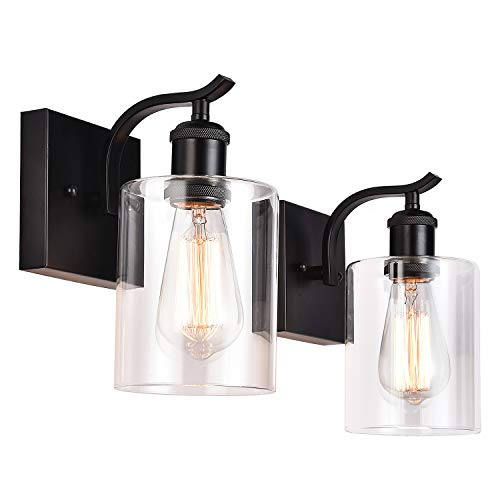 Cuaulans 2 Pack Modern Industrial Farmhouse Black Wall Sconce, Indoor Clear Glass Shade Vanity Light Fixtures for Bathroom Bedroom Living Room Hallway Stairwell Wall Mount