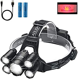 Led Headlamp Rechargeable, KJLAND High Lumen Ultra Bright 5 LED Head light, USB Rechargeable Waterproof Headlight Flashlight with Zoomable, 4 Modes Head Lamp for Outdoor Camping Hiking Fishing Hunting