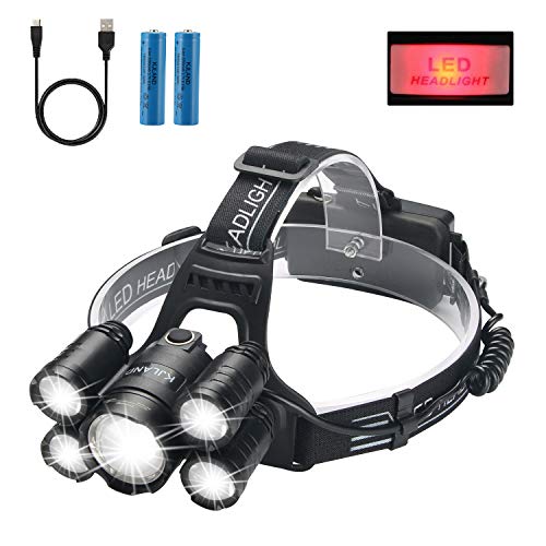 Led Headlamp Rechargeable, KJLAND High Lumen Ultra Bright 5 LED Head light, USB Rechargeable Waterproof Headlight Flashlight with Zoomable, 4 Modes Head Lamp for Outdoor Camping Hiking Fishing Hunting