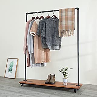 Industrial Pipe Clothing Rack Wood Garment Rack Pipeline Vintage Rolling Rack with wheels(Black)