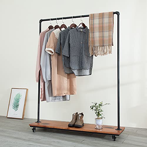 Industrial Pipe Clothing Rack Wood Garment Rack Pipeline Vintage Rolling Rack with wheels(Black)