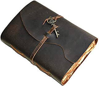 Leather Journal - Vintage Leather Bound Journal For Women Men  Handmade Vintage Deckle Edge Paper  Vintage Key Closure - Book of Shadows -Leather Sketchbook (Chocolate Brown, 13 inches X 8 inches)