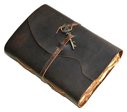 Leather Journal - Vintage Leather Bound Journal For Women Men  Handmade Vintage Deckle Edge Paper  Vintage Key Closure - Book of Shadows -Leather Sketchbook (Chocolate Brown, 13 inches X 8 inches)