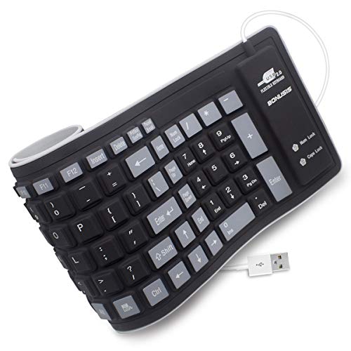 BONUSIS Foldable Silicone Keyboard Flexible Keyboard Roll Up Keyboard USB Wired Soft Waterproof Silica Gel Computer Keyboard (103 Keys) for PC Laptop Notebook [Black]