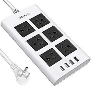 10 Ft Power Strip Surge Protector, JACKYLED 15A 14 AWG Flat Plug Long Extension Cord with 6 Wide Outlets 4 USB Ports, Fireproof Desktop Charger for Phone Laptop Home Office Dorm Hotel RV Travel, White