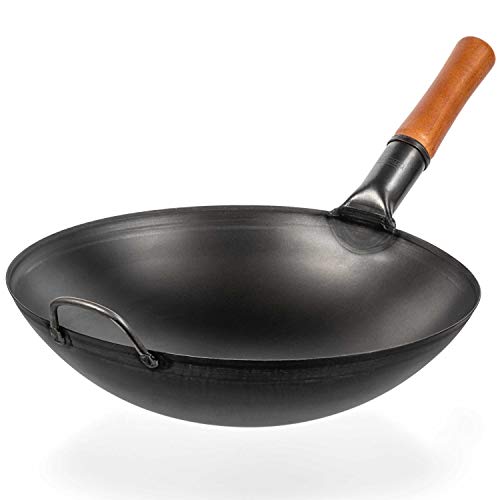 Yosukata Carbon Steel Wok Pan - 14  Woks and Stir Fry Pans - Chinese Wok with Round Bottom Wok - Traditional Chinese Japanese Woks - Black Steel Wok