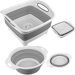 ROTTOGOON 9L Collapsible Kitchen Draining Basket, Set of 2 Foldable Dishpan with Draining Plug, Multifunctional Kitchen Vegetable Washing Basket Silicone Dish Tub for BBQ Prep/Picnic/Camping, Gray