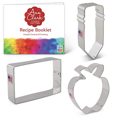 Ann Clark Cookie Cutters 3-Piece Back to School Cookie Cutter Set with Recipe Booklet, Apple, Pencil