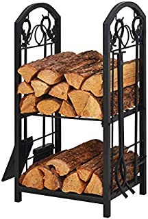 Patio Watcher Firewood Rack Log Rack with 4 Tools Firewood Storage Log Holder for Indoor Outdoor Backyard Fireplace Heavy Duty Steel Black