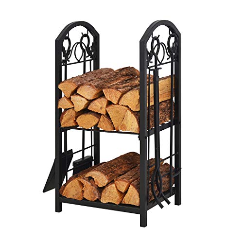 Patio Watcher Firewood Rack Log Rack with 4 Tools Firewood Storage Log Holder for Indoor Outdoor Backyard Fireplace Heavy Duty Steel Black