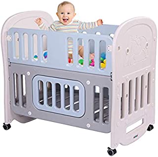 JOYMOR 6-in-1 Baby Bed Crib with 2 Mattress and Large Space Storage, Easily Converts to Toddler Bed Day Bed Playard or Rocking Crib