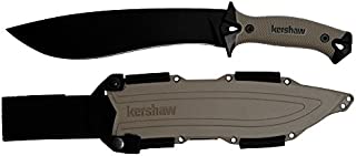 Kershaw Camp 10  Tan Machete (1077TAN); Black Powdercoated 65 Mn Stainless Steel Fixed Blade; Full Tang Build; Tan Rubber Overmold Handle; Tan Molded Sheath with Lash Points and Nylon Straps; 1.8 oz.