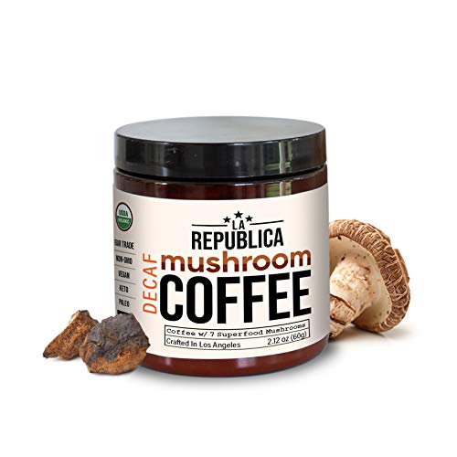 La Republica Organic Decaf Mushroom Coffee (30 Servings) with 7 Superfood Mushrooms, Great Tasting Instant Coffee Mix Includes Lion's Mane, Reishi, Chaga, Cordyceps, Shiitake, Maitake, and Turkey Tail