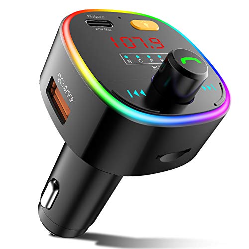 ZEEPORTE Bluetooth FM Transmitter for Car, 10 Colors LED Backlit QC3.0& USB-C PD 27W Quick Charger Wireless Bluetooth Car FM Radio Adapter, MP3 Music Player with EQ Mode, 3 USB Port, TF Card USB Drive