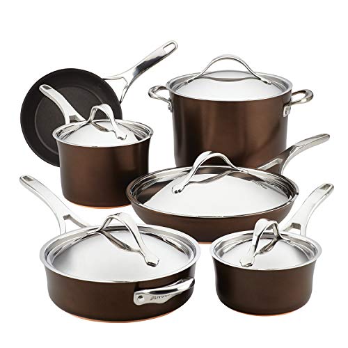 Anolon Nouvelle Copper Hard Anodized Nonstick Cookware Pots and Pans Set, 11 Piece, Sable