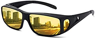 Night Driving Glasses Fit Over Prescription Glasses Anti Glare Polarized, HD Night Vision Driving Wrap Around, Yellow Tinted Nighttime Driving Glasses for Men Women Glare Reducing (Matte Black)