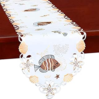 Simhomsen Embroidered Ocean, Sea Life, Coastal or Beach Themed Fish Table Runner for Summer Decorations (Coffee, 14 × 89 inches)