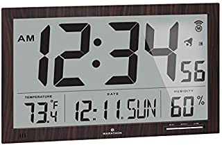 Marathon Slim Jumbo Auto-Set Atomic Digital Wall Clock with Temperature, Date, Humidity, 4 Time Zone, Auto DST, Self Setting, Self Adjusting, Batteries Included (Walnut Wood Tone)