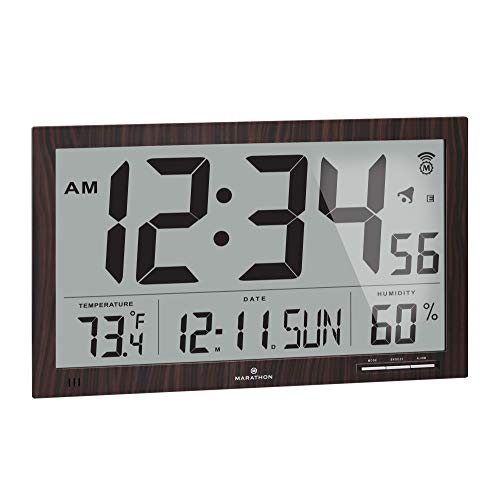 Marathon Slim Jumbo Auto-Set Atomic Digital Wall Clock with Temperature, Date, Humidity, 4 Time Zone, Auto DST, Self Setting, Self Adjusting, Batteries Included (Walnut Wood Tone)