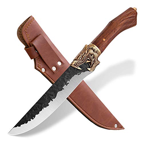 Meat Cleaver Hand Forged Chef Knives Sharp Boning Knives Butcher Knife with Leather Bag and Gift Box German Steel 7Cr17Mov 7 inch for Kitchen Outdoor BBQ Camping Tactical