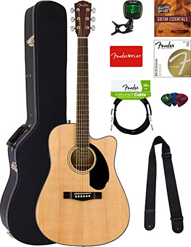 Fender CD-60SCE Dreadnought Acoustic-Electric Guitar - Natural Bundle with Hard Case, Cable, Tuner, Strap, Strings, Picks, Austin Bazaar Instructional DVD, and Polishing Cloth