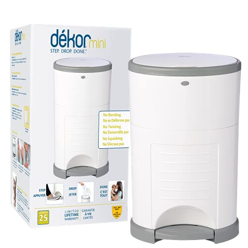 Dekor Mini Hands-Free Diaper Pail | White | Easiest to Use | Just Step  Drop  Done | Doesnt Absorb Odors | 20 Second Bag Change | Most Economical Refill System