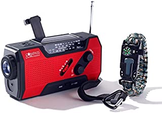 Solar + Hand Crank AM FM Radio Emergency NOAA Weather Radio + USB 2000mAh Power Bank Phone Charger & LED Flashlight w/SOS Bonus Survival Paracord Bracelet Magnesium Flint Fire Starter Compass Whistle