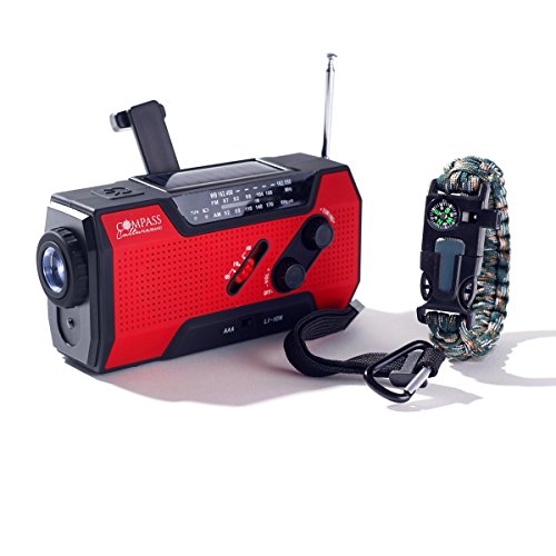 Solar + Hand Crank AM FM Radio Emergency NOAA Weather Radio + USB 2000mAh Power Bank Phone Charger & LED Flashlight w/SOS Bonus Survival Paracord Bracelet Magnesium Flint Fire Starter Compass Whistle