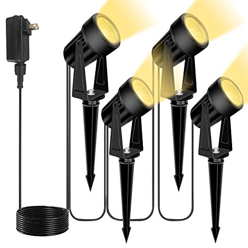 12W Landscape Lights Low Voltage Landscape Spotlights 46Ft IP65 Waterproof Outdoor Landscape Lighting Garden Pathway Light with Spike Stand and Plug for Patio Lawn, 3000K Warm White (4 Pack)