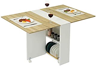 Tiptiper Folding Dining Table, Versatile Dinner Table with 6 Wheels and 2 Storage Racks, Space Saving Extendable Kitchen Table