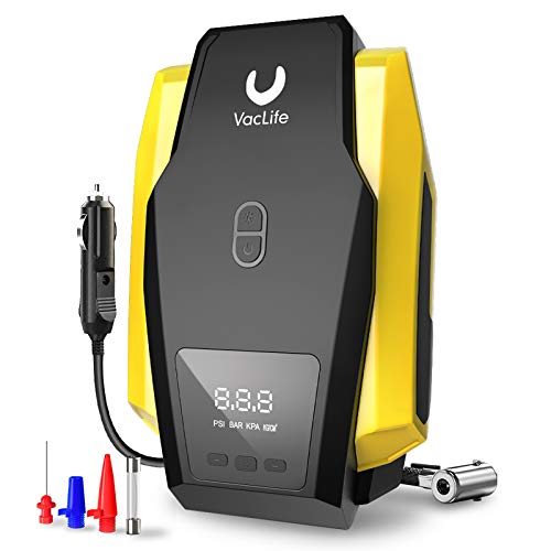 VacLife Air Compressor Tire Inflator, DC 12V Portable Air Compressor for Car Tires, Auto Tire Pump with LED Light, Digital Air Pump for Car Tires, Bicycles and Other Inflatables, Yellow(VL701)