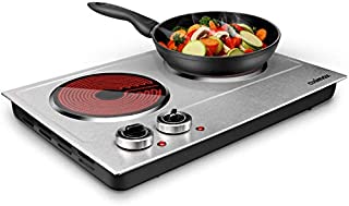 CUSIMAX 1800W Ceramic Electric Hot Plate for Cooking, Dual Control Infrared Cooktop, Portable Countertop Burner, Glass Plate Electric Cooktop, Silver, Stainless Steel-Upgraded Version