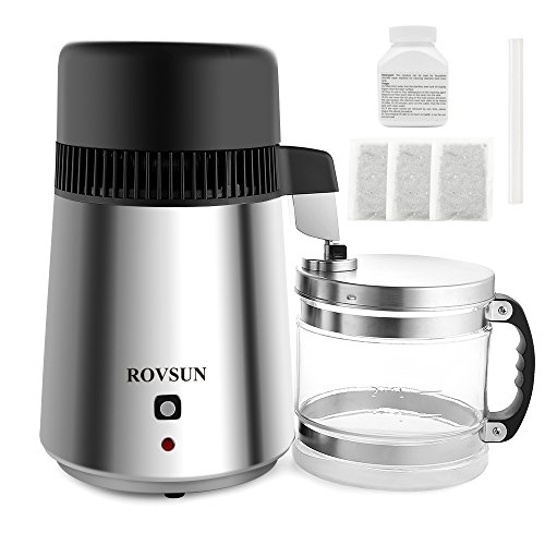 ROVSUN Stainless Steel Countertop Water Distiller Machine 4L Home Pure Water Purifier/Filter, 750W Distilled Water Maker w/Glass Container, 1L/H