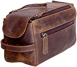 KOMALC Genuine Buffalo Leather Unisex Toiletry Bag Travel Dopp Kit (Distressed Tan)