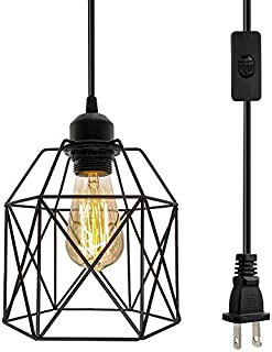 Industrial Plug in Pendant Light, Black Cage Pendant Light Fixture with On/Off Switch, E26 Socket Vintage Hanging Light, Max 660W Farmhouse Pendant Lighting for Kitchen Living Room Dining Room