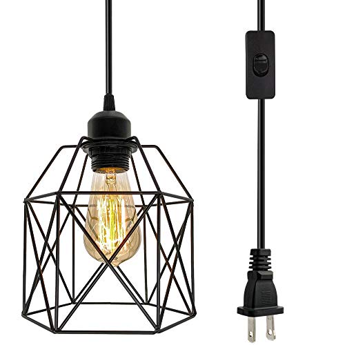 Industrial Plug in Pendant Light, Black Cage Pendant Light Fixture with On/Off Switch, E26 Socket Vintage Hanging Light, Max 660W Farmhouse Pendant Lighting for Kitchen Living Room Dining Room