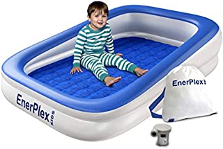 EnerPlex Kids Inflatable Travel Bed with High Speed Pump, Portable Air Mattress for Kids, Blow up Mattress with Sides  Built-in Safety Bumper - Blue