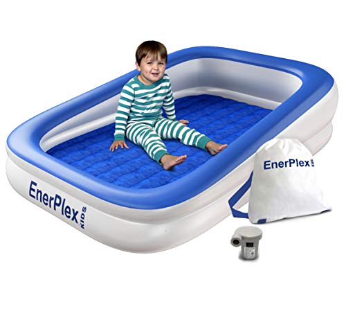 EnerPlex Kids Inflatable Travel Bed with High Speed Pump, Portable Air Mattress for Kids, Blow up Mattress with Sides  Built-in Safety Bumper - Blue