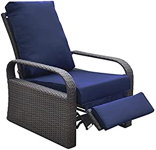 Outdoor Recliner Outdoor Wicker Recliner Chair with 5.12'' Thickness Cushions, Automatic Adjustable Rattan Patio Chaise Lounge Chairs, Aluminum Frame, UV Resistant and Rustless (Brown + Navy Blue)