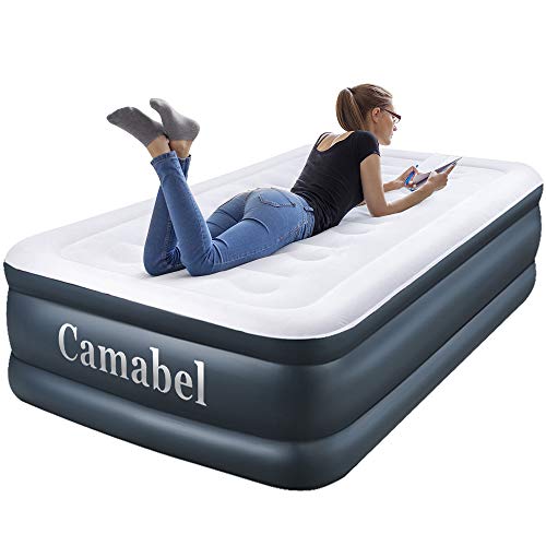 Camabel 18 inch Double High Twin Air Mattress with Built in Pump for Guests Inflatable Mattress with Electric Pump Elevated Airbed with Flocked Top Camping Blow up Mattress with Storage Bag