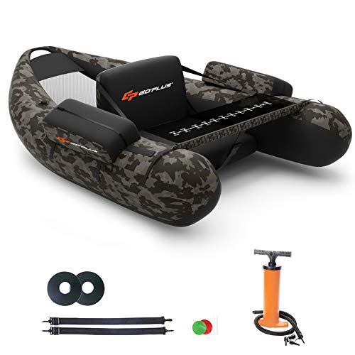 Goplus Inflatable Fishing Float Tube, with Storage Pockets, Fish Ruler, Adjustable Straps, 350LBS Load Bearing Capacity (Camouflage Color)