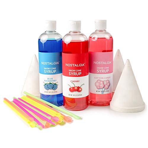 Nostalgia SCK3 Premium Syrup Party Kit Snow Cones, 20 Spoons/Straws, Blue Raspberry, Cherry, Cotton Candy, Multi