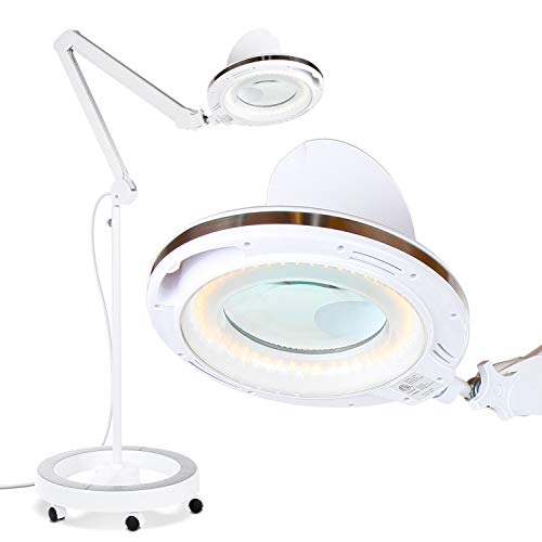 Brightech LightView Pro 6 Wheel Rolling Base Magnifying Floor Lamp - Magnifier with Bright LED Light for Facials, Lash Extensions - Standing Mag Lamp for Sewing, Cross Stitch, Crafts