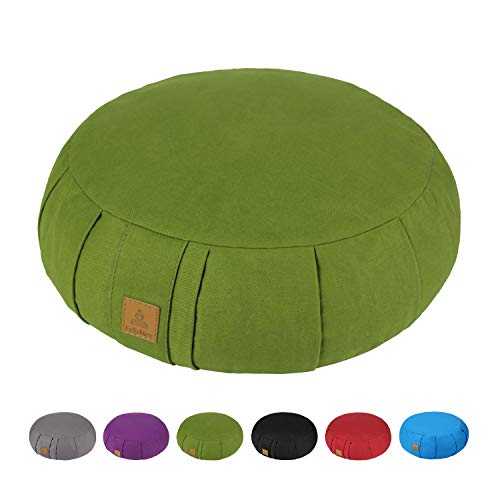 FelizMax Round Zafu Meditation Cushion, Zabuton Meditation Pillow, Yoga Bolster/Pillow, Floor seat, Zippered Organic Cotton Cover, Natural Buckwheat, Kneeling Pillow - Green and Large Size