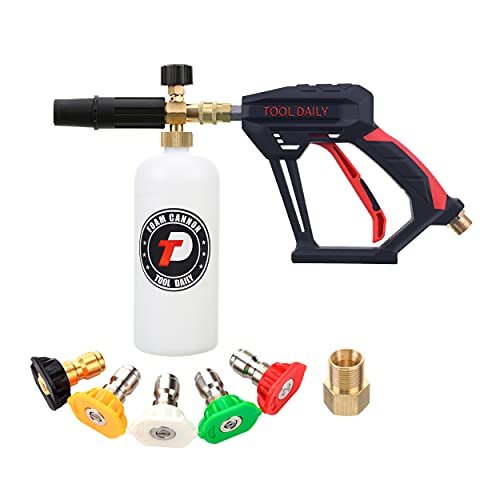 Tool Daily Short Pressure Washer Gun with Foam Cannon, 1/4 Inch Quick Connector, with 5 Pressure Washer Nozzle Tips, 1 Liter