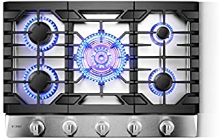 FOTILE GLS30501 30 Stainless Steel 5-Burner Gas Cooktop, Tri-Ring 21,000 BTUs Center Burner with Flame Failure Protection Removable Grates and Installation/LP Kit