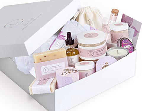 Spa Gift Box, Relaxing Spa Gift for Her, Basket Including 13 pc - Shea butter, Scrub, Bath salts, Body oil, Bath Bombs, 2 Soaps, Lip balm, Mask, Luffa, Face Towel, Gift for Mom or Friend by Lizush.