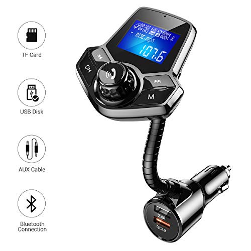 Bluetooth FM Transmitter for Car, AINOPE HI-FI Sound [QC3.0/2.4A] Fast Charge in-Car Bluetooth Radio Adapter Car Kit Hands-Free Calling Support AUX Output, TF/SD Card, U-Disk